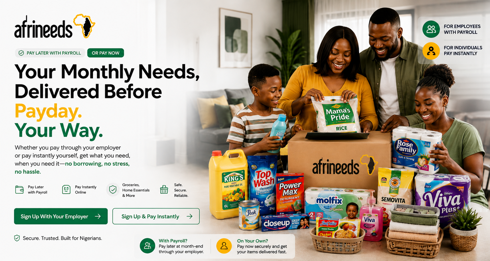 AFRINEEDS hero banner: pay later with payroll or pay instantly